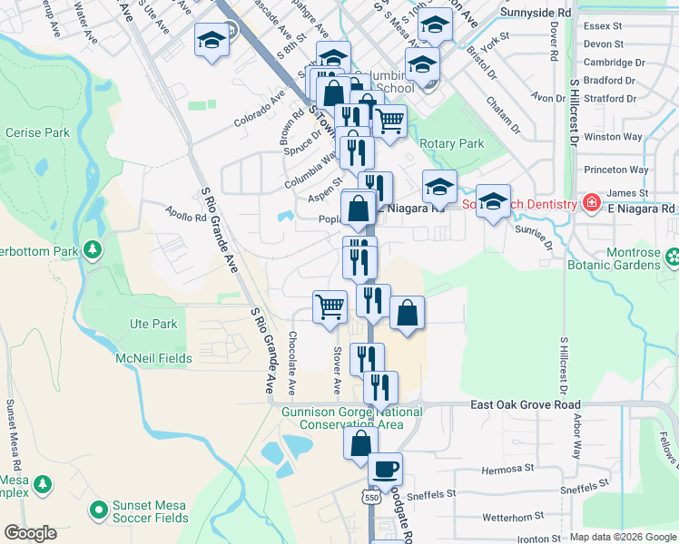 map of restaurants, bars, coffee shops, grocery stores, and more near 187 Montrose Drive in Montrose