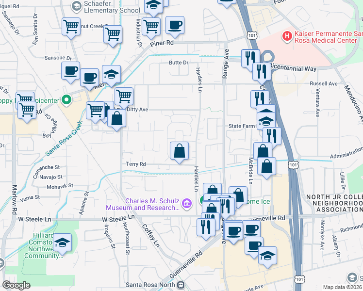 map of restaurants, bars, coffee shops, grocery stores, and more near 65 Estrella Drive in Santa Rosa