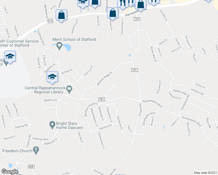 map of restaurants, bars, coffee shops, grocery stores, and more near 19 Woods Edge Court in Stafford