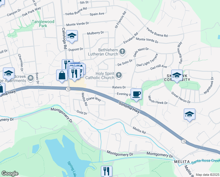 map of restaurants, bars, coffee shops, grocery stores, and more near 5685 Evening Way in Santa Rosa