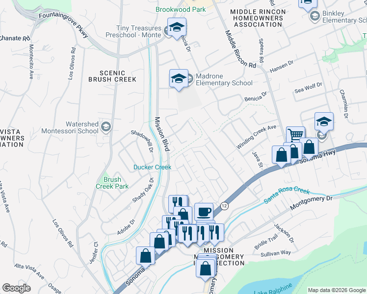 map of restaurants, bars, coffee shops, grocery stores, and more near 118 Cardinal Way in Santa Rosa