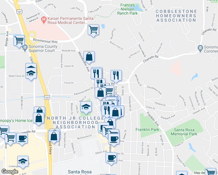 map of restaurants, bars, coffee shops, grocery stores, and more near 2252 Chanate Road in Santa Rosa