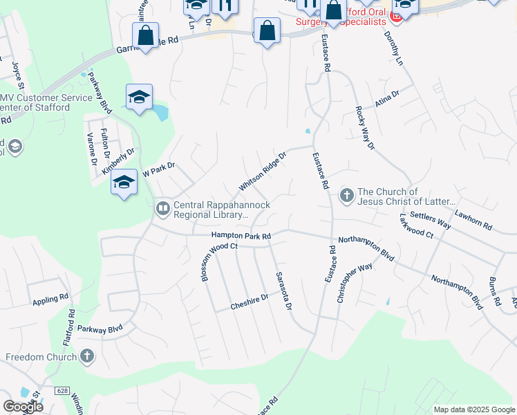 map of restaurants, bars, coffee shops, grocery stores, and more near 19 Woods Edge Court in Stafford