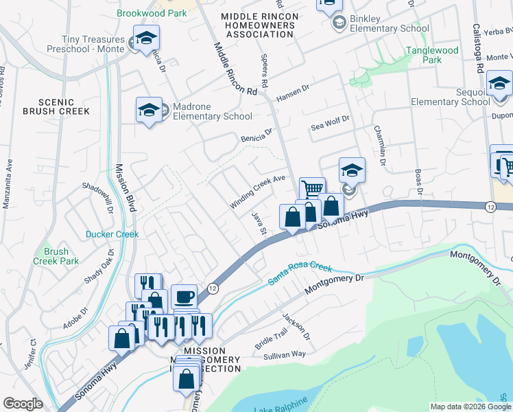 map of restaurants, bars, coffee shops, grocery stores, and more near 4777 Starbuck Avenue in Santa Rosa