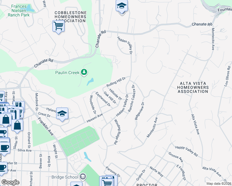 map of restaurants, bars, coffee shops, grocery stores, and more near 2216 Hillside Drive in Santa Rosa