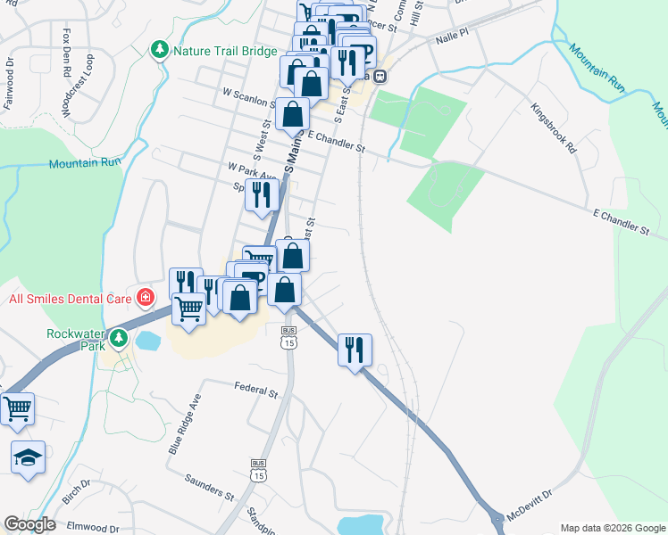 map of restaurants, bars, coffee shops, grocery stores, and more near 1333 Lightfoot Street in Culpeper
