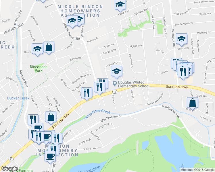 map of restaurants, bars, coffee shops, grocery stores, and more near 4962 School Street in Santa Rosa