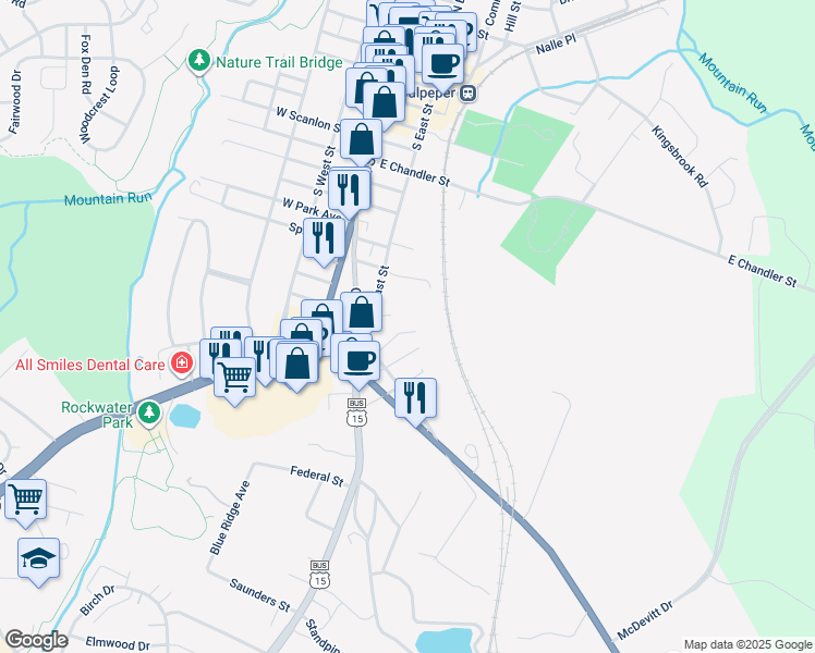 map of restaurants, bars, coffee shops, grocery stores, and more near 1329 Lightfoot Street in Culpeper