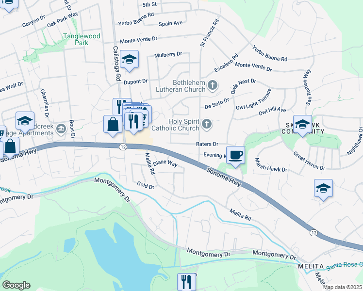 map of restaurants, bars, coffee shops, grocery stores, and more near 5664 Raters Drive in Santa Rosa