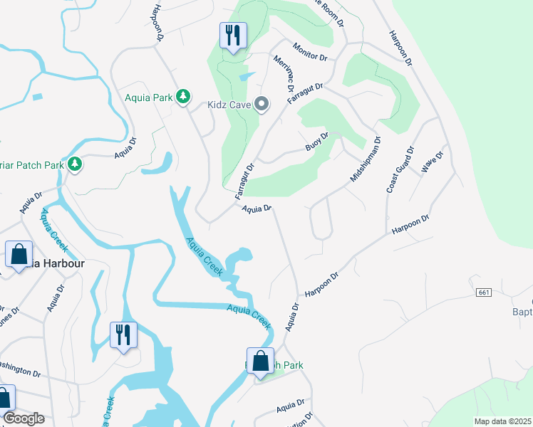 map of restaurants, bars, coffee shops, grocery stores, and more near 2211 Aquia Drive in Stafford