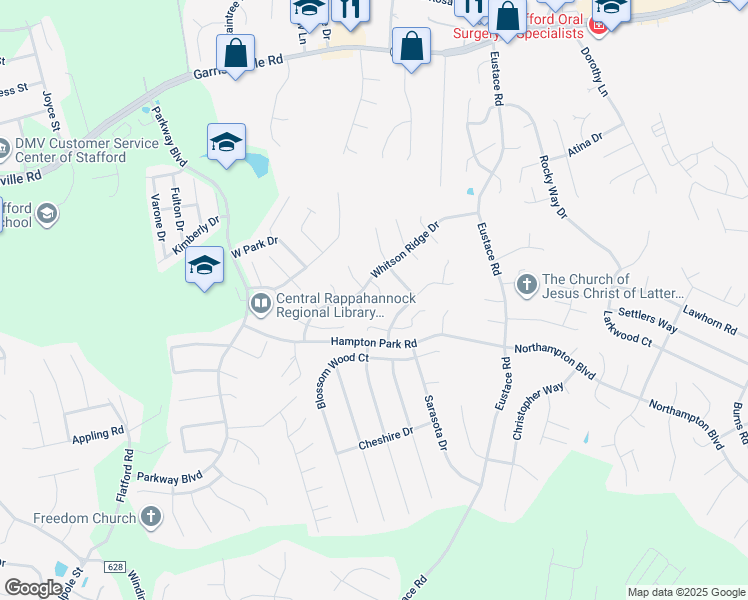 map of restaurants, bars, coffee shops, grocery stores, and more near 4 Greystone Place in Stafford