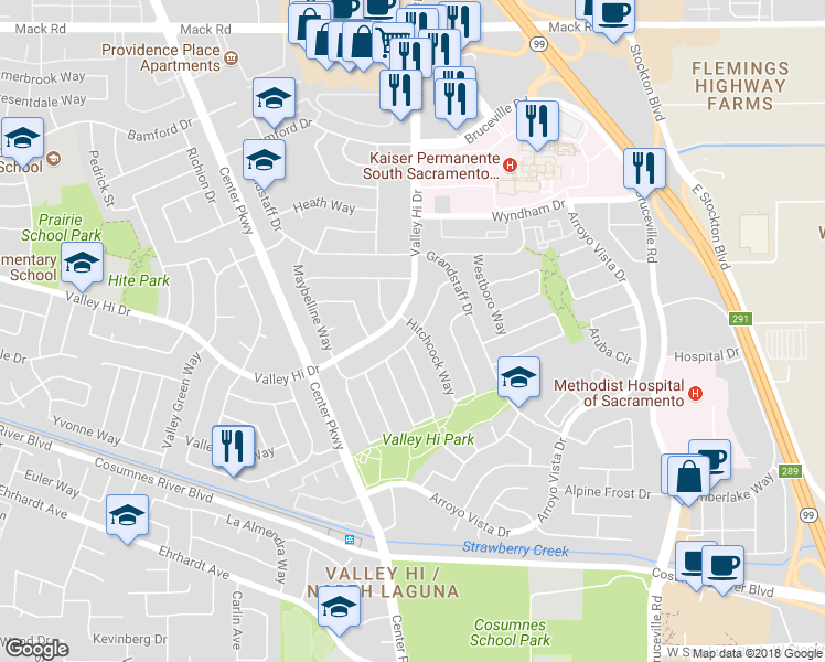 map of restaurants, bars, coffee shops, grocery stores, and more near 6411 Weatherford Way in Sacramento