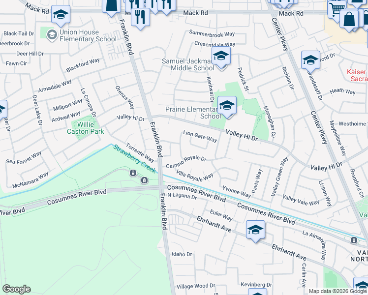 map of restaurants, bars, coffee shops, grocery stores, and more near 8075 Kingsdale Way in Sacramento