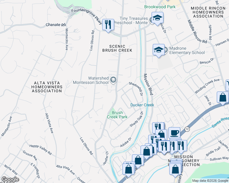map of restaurants, bars, coffee shops, grocery stores, and more near 1149 Lanewood Way in Santa Rosa