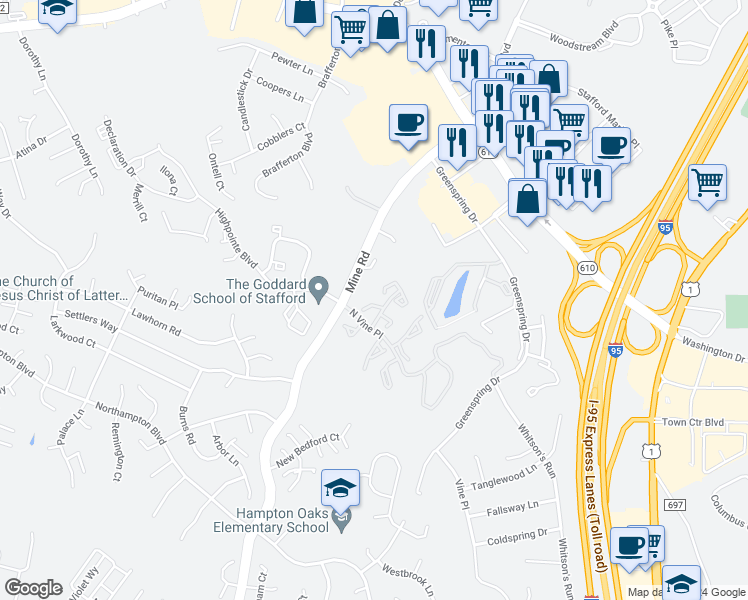 map of restaurants, bars, coffee shops, grocery stores, and more near 205 Aston Court in Stafford