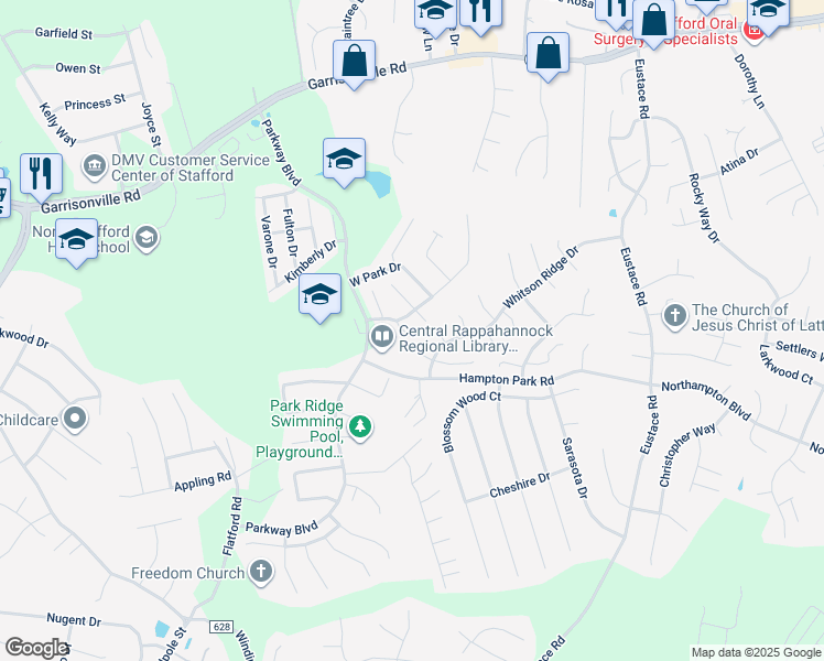 map of restaurants, bars, coffee shops, grocery stores, and more near 111 Jonnycake Court in Stafford