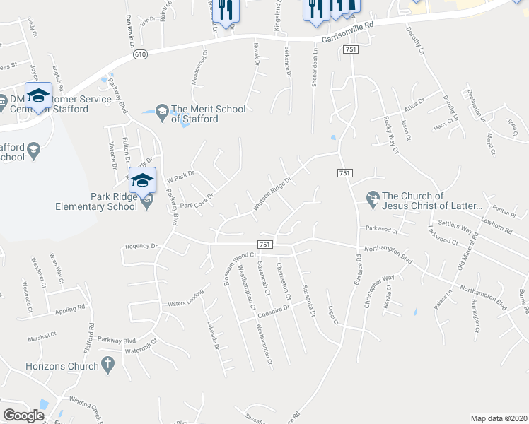 map of restaurants, bars, coffee shops, grocery stores, and more near 4 Greystone Place in Stafford