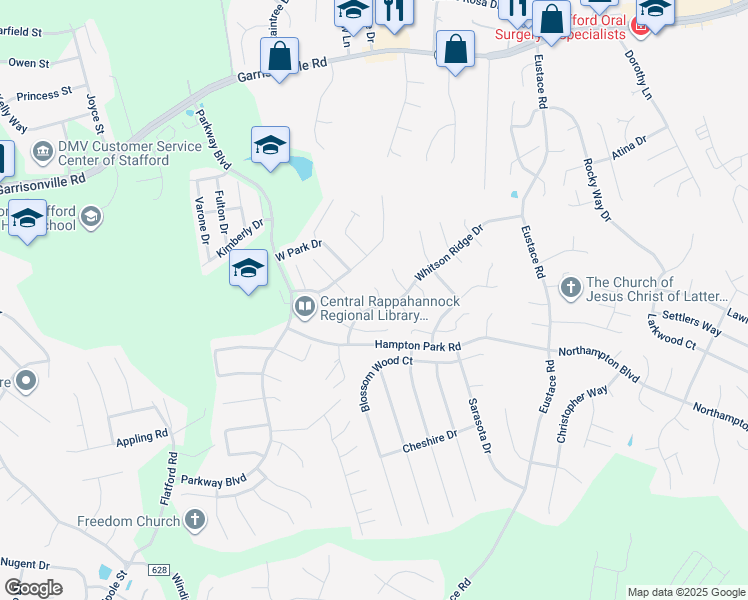 map of restaurants, bars, coffee shops, grocery stores, and more near 1 Jonquil Place in Stafford