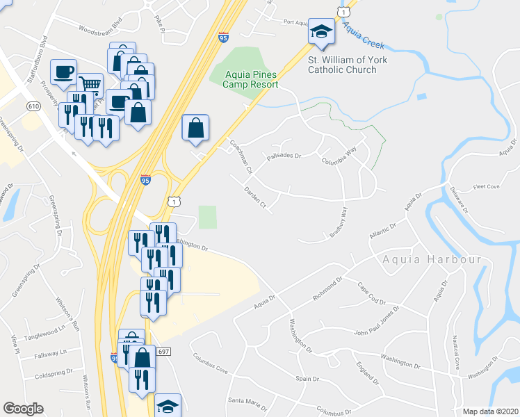 map of restaurants, bars, coffee shops, grocery stores, and more near 24 Darden Court in Stafford