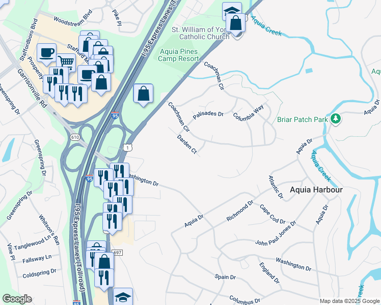 map of restaurants, bars, coffee shops, grocery stores, and more near 24 Darden Court in Stafford