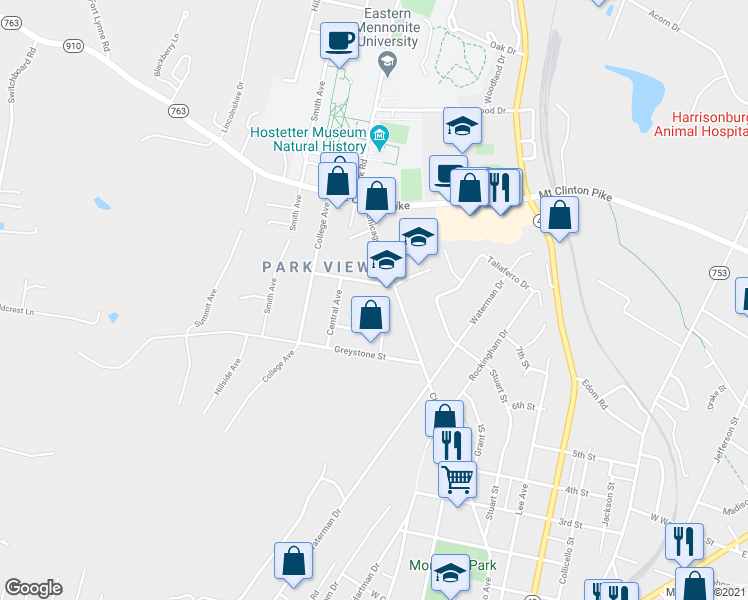 map of restaurants, bars, coffee shops, grocery stores, and more near 1006 Ashwood Street in Harrisonburg