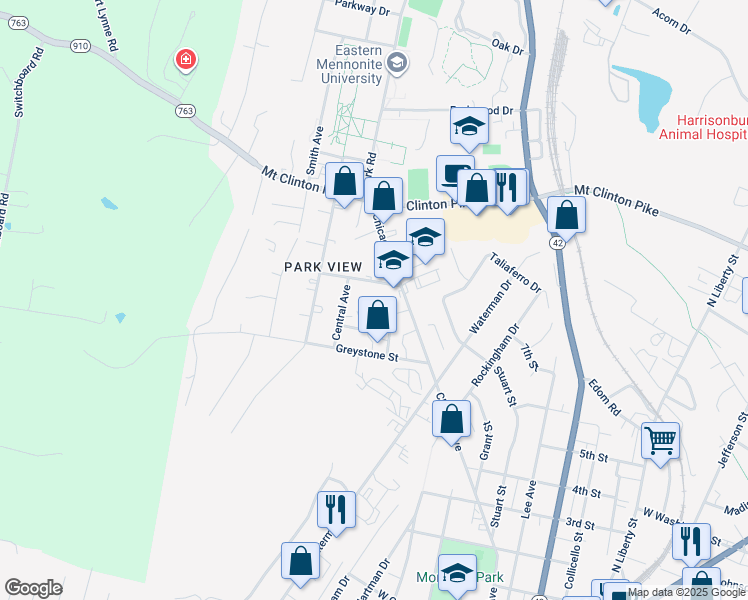 map of restaurants, bars, coffee shops, grocery stores, and more near 1030 Ashwood Street in Harrisonburg
