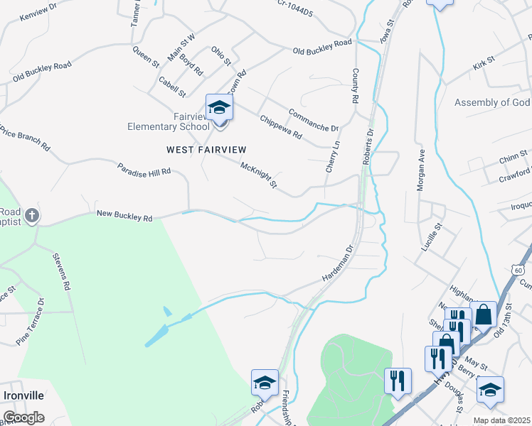 map of restaurants, bars, coffee shops, grocery stores, and more near 371-413 West New Buckley Road in Ashland