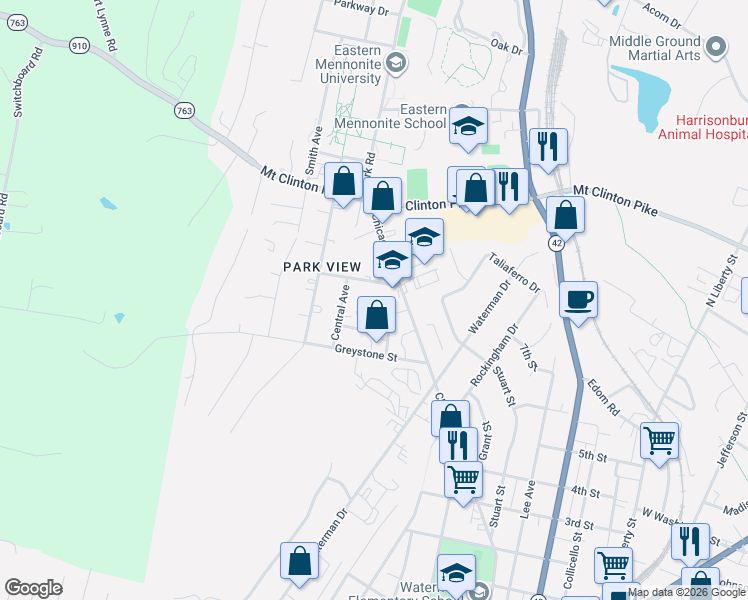 map of restaurants, bars, coffee shops, grocery stores, and more near 1030 Ashwood Street in Harrisonburg
