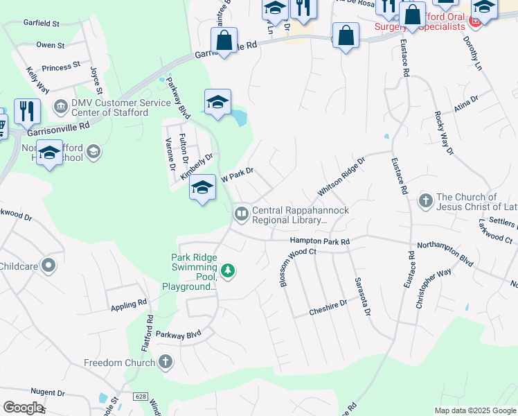 map of restaurants, bars, coffee shops, grocery stores, and more near 107 Jonnycake Court in Stafford