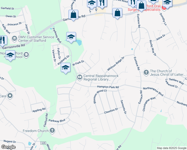 map of restaurants, bars, coffee shops, grocery stores, and more near 4 Leather Bark Court in Stafford