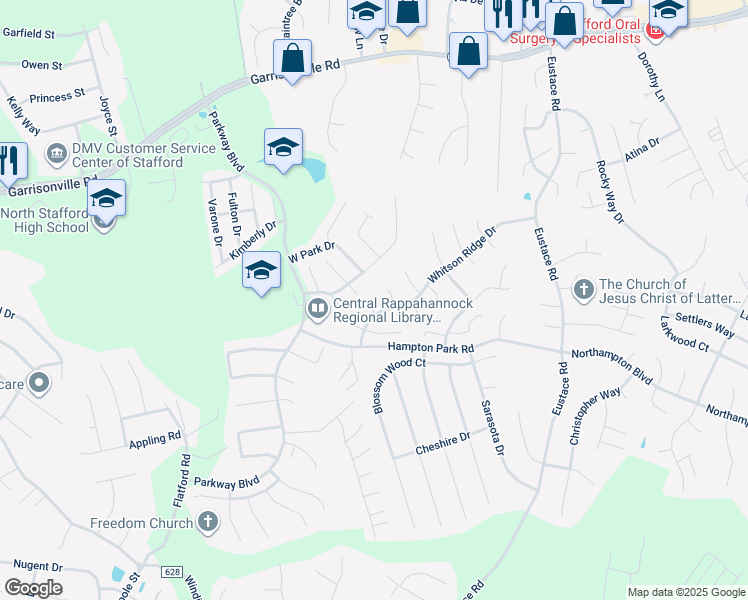 map of restaurants, bars, coffee shops, grocery stores, and more near 4 Leather Bark Court in Stafford