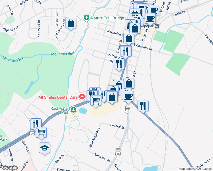 map of restaurants, bars, coffee shops, grocery stores, and more near 1402 South West Street in Culpeper