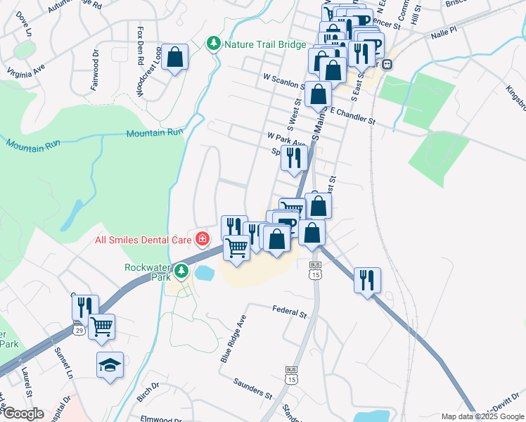 map of restaurants, bars, coffee shops, grocery stores, and more near 1402 South West Street in Culpeper