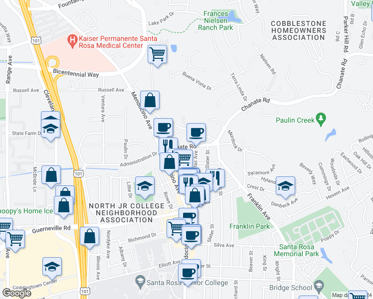 map of restaurants, bars, coffee shops, grocery stores, and more near 2378 Chanate Road in Santa Rosa