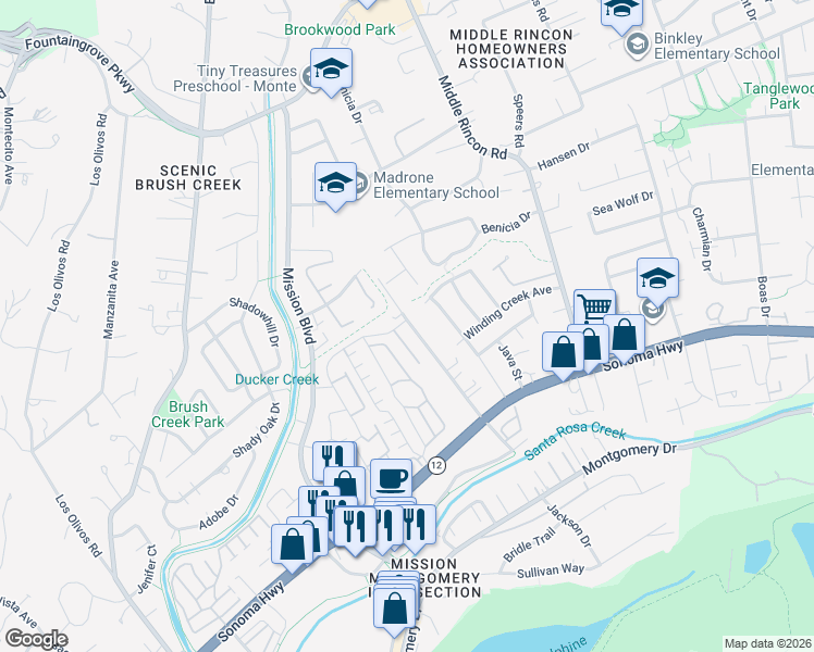 map of restaurants, bars, coffee shops, grocery stores, and more near 320 Hansbery Way in Santa Rosa