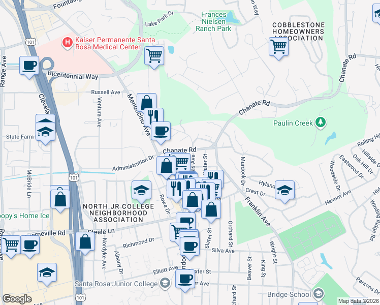 map of restaurants, bars, coffee shops, grocery stores, and more near 2435 Lomitas Avenue in Santa Rosa