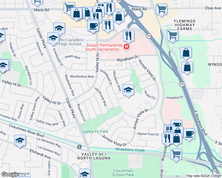 map of restaurants, bars, coffee shops, grocery stores, and more near 8062 Grandstaff Drive in Sacramento