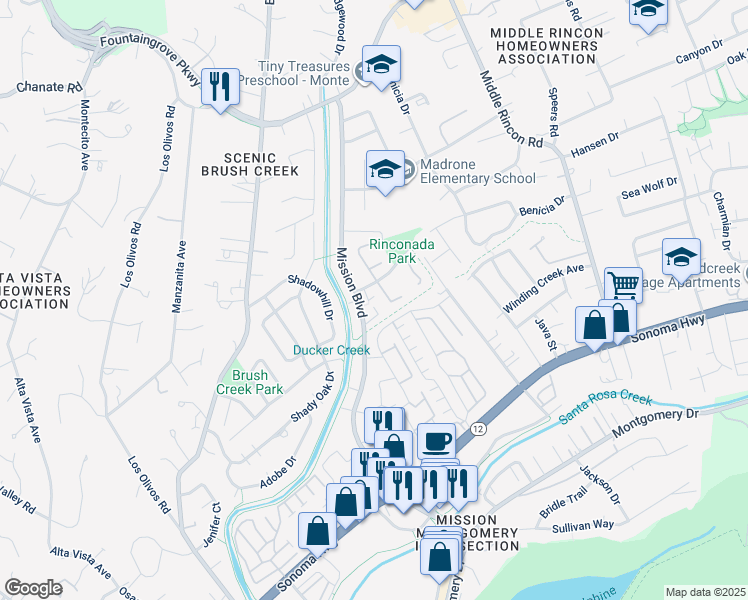 map of restaurants, bars, coffee shops, grocery stores, and more near 1711 Mission Boulevard in Santa Rosa