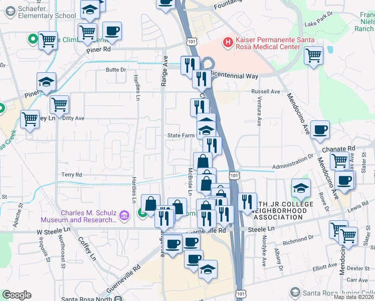 map of restaurants, bars, coffee shops, grocery stores, and more near 2760 McBride Lane in Santa Rosa