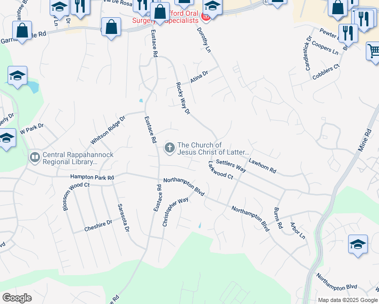 map of restaurants, bars, coffee shops, grocery stores, and more near 11 Darbywood Court in Stafford