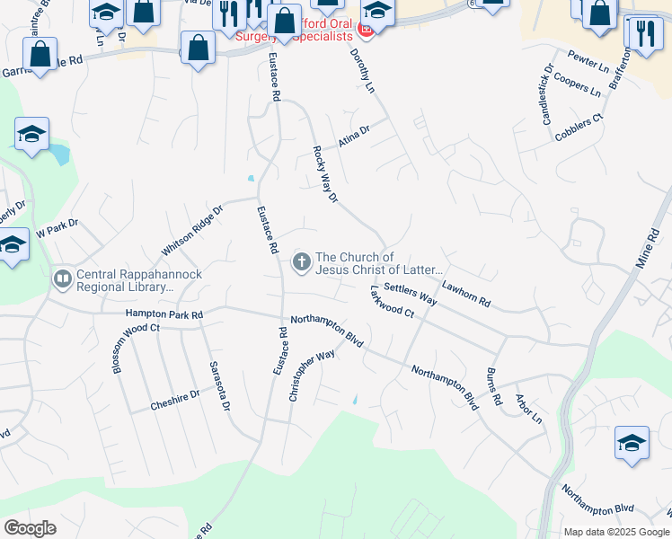map of restaurants, bars, coffee shops, grocery stores, and more near 11 Darbywood Court in Stafford