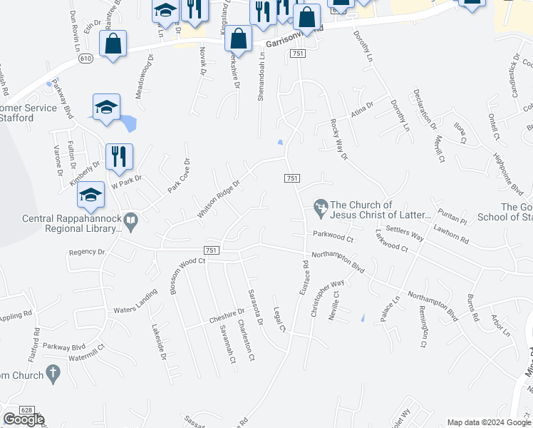 map of restaurants, bars, coffee shops, grocery stores, and more near 36 Woods Edge Court in Stafford