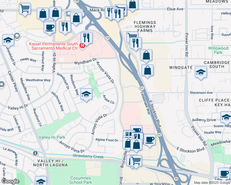 map of restaurants, bars, coffee shops, grocery stores, and more near 8066 Arroyo Vista Drive in Sacramento