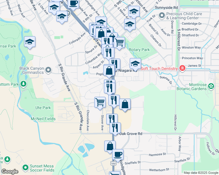 map of restaurants, bars, coffee shops, grocery stores, and more near 1874 South Townsend Avenue in Montrose