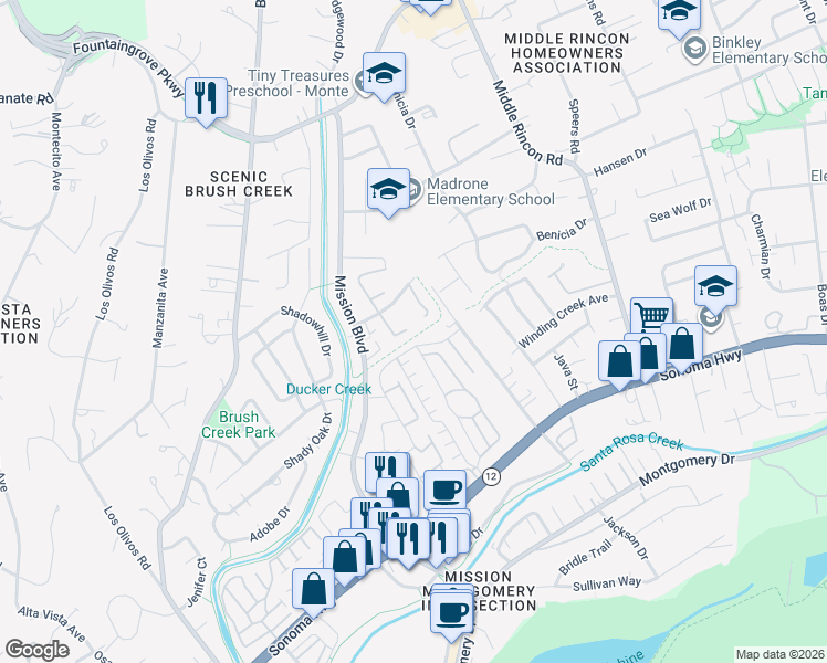 map of restaurants, bars, coffee shops, grocery stores, and more near 1705 Las Pravadas Court in Santa Rosa