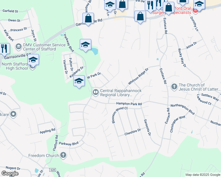 map of restaurants, bars, coffee shops, grocery stores, and more near 6 Leather Bark Court in Stafford