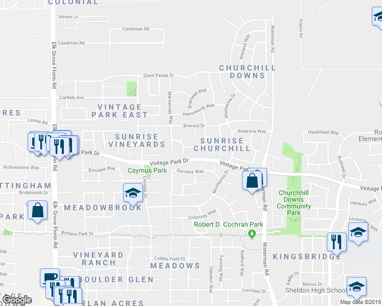 map of restaurants, bars, coffee shops, grocery stores, and more near 8050 Wente Way in Sacramento