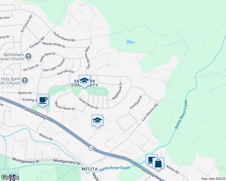map of restaurants, bars, coffee shops, grocery stores, and more near 5885 Sailing Hawk Avenue in Santa Rosa