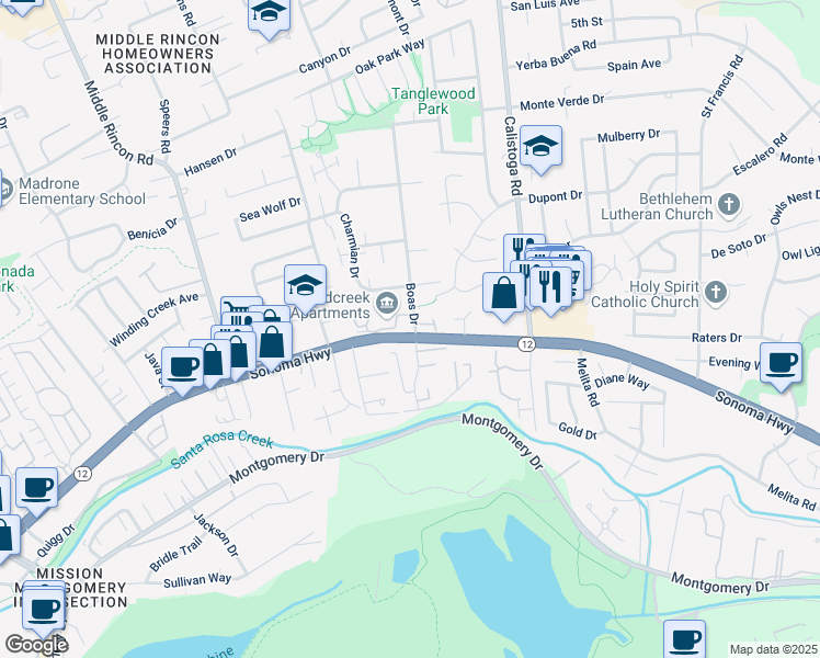 map of restaurants, bars, coffee shops, grocery stores, and more near 117 Boas Drive in Santa Rosa