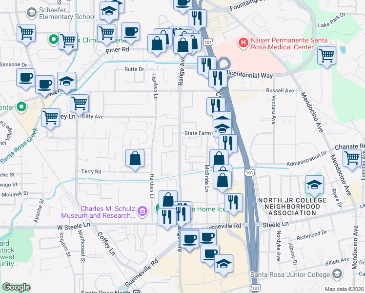 map of restaurants, bars, coffee shops, grocery stores, and more near 8 State Farm Drive in Santa Rosa